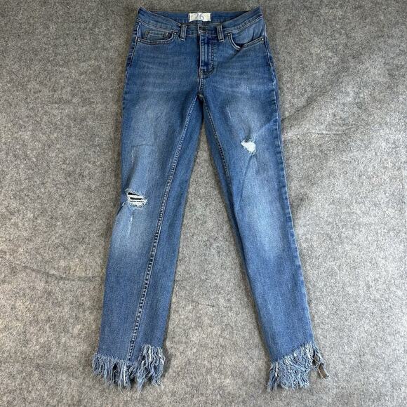 Free People Ripped Fray Raw Hem Skinny Jeans Distressed Size 26 Mid Rise Denim - Picture 1 of 10